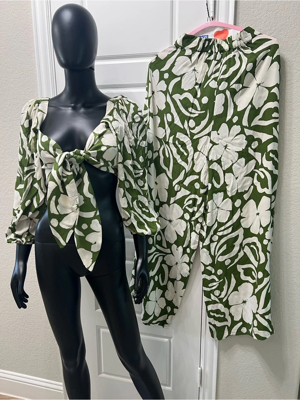Faithfull the Brand Green and White Floral Wide-Leg Pants & Tie-Front Top Set